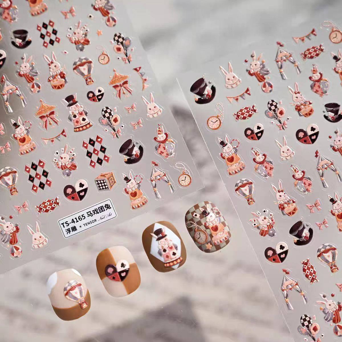 新款马戏团兔兔美甲贴纸立体浮雕可爱卡通帽子兔兔背胶DIY指甲贴,淘宝优惠券,粉丝福利购,淘宝优惠卷