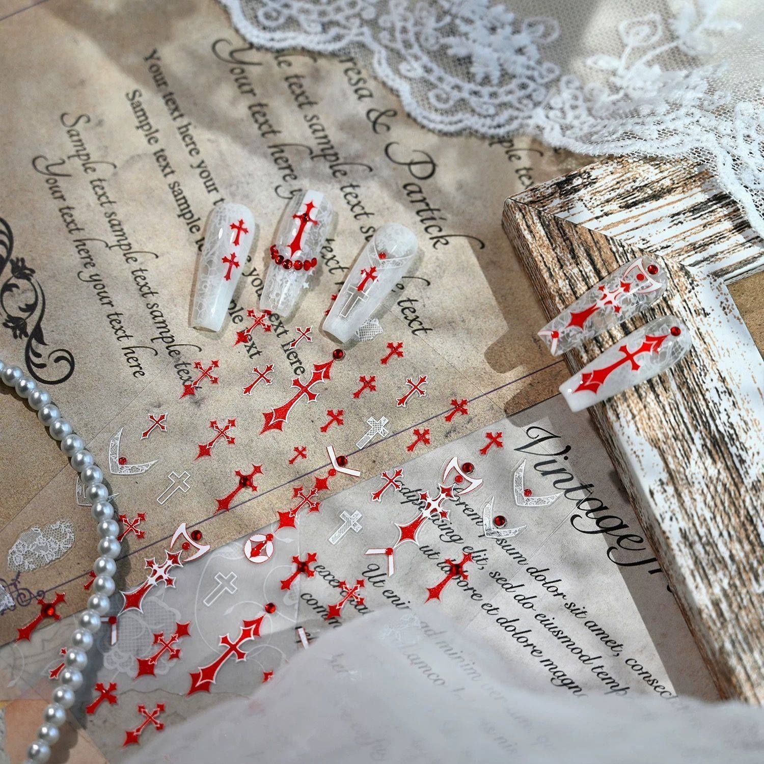 2025新款暗黑克罗十字架蕾丝美甲贴纸辣妹diy甜酷指甲高级装饰贴,淘宝优惠券,粉丝福利购,淘宝优惠卷