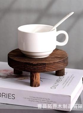乡村木质棕色咖啡杯底座支架黑胡桃木盛菜托盘圆形花盆多肉底托