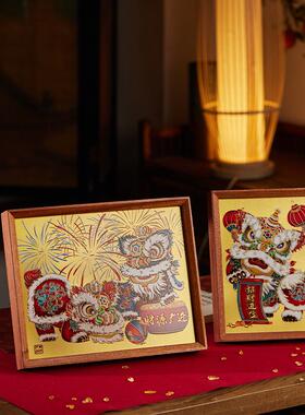 朱炳仁铜 招财醒狮桌面装饰画桌屏摆件摆台生日商务伴手生日礼物