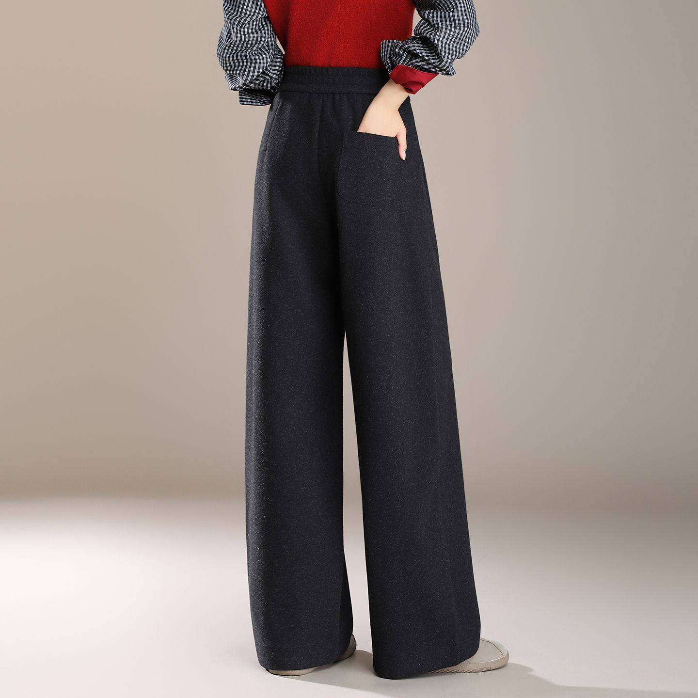 高级感毛呢阔腿裤女秋冬2025新款松紧高腰醋酸羊毛保暖时髦长裤,淘宝优惠券,粉丝福利购,淘宝优惠卷
