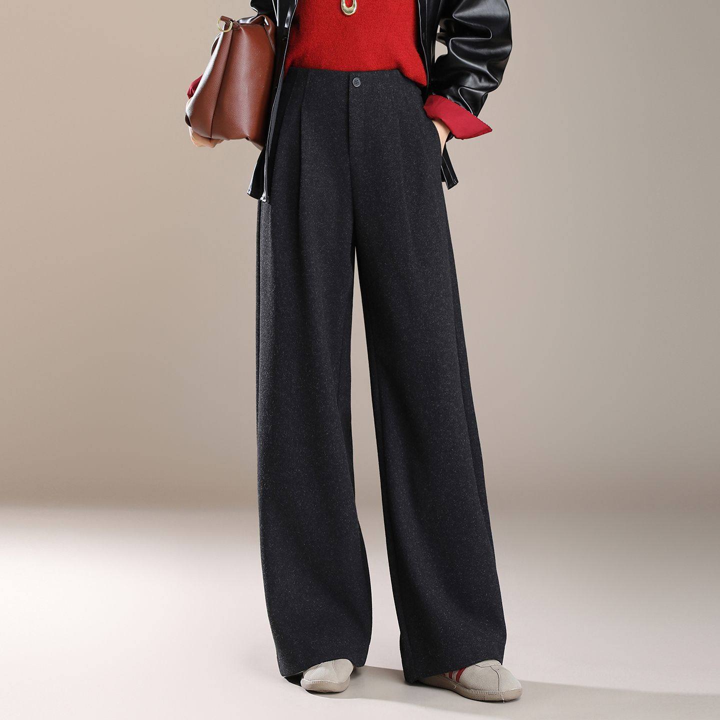 高级感毛呢阔腿裤女秋冬2025新款松紧高腰醋酸羊毛保暖时髦长裤,淘宝优惠券,粉丝福利购,淘宝优惠卷