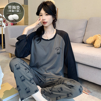 新中式国风竹叶睡衣女春秋款带胸垫长袖长裤甜美少女家居服套装dg