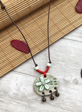 手工复古甜美小清新陶瓷捏花项链森系女长款铃铛流苏吊坠百搭饰品