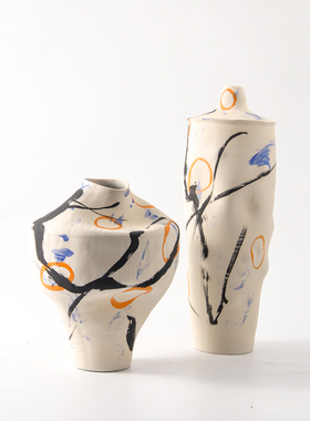 现代复古新中式手绘陶瓷罐子花瓶摆件样板间酒店客厅玄关果盘装饰