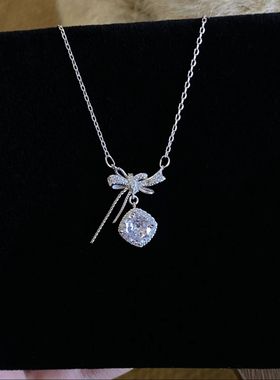 925纯银蝴蝶结方糖项链女ins轻奢小众高级百搭气质新款锁骨链礼物