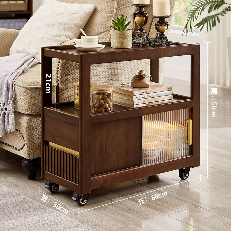 可移动中古风茶几沙发边几实木胡桃色测边柜带轮小推车客厅超窄,淘宝优惠券,粉丝福利购,淘宝优惠卷