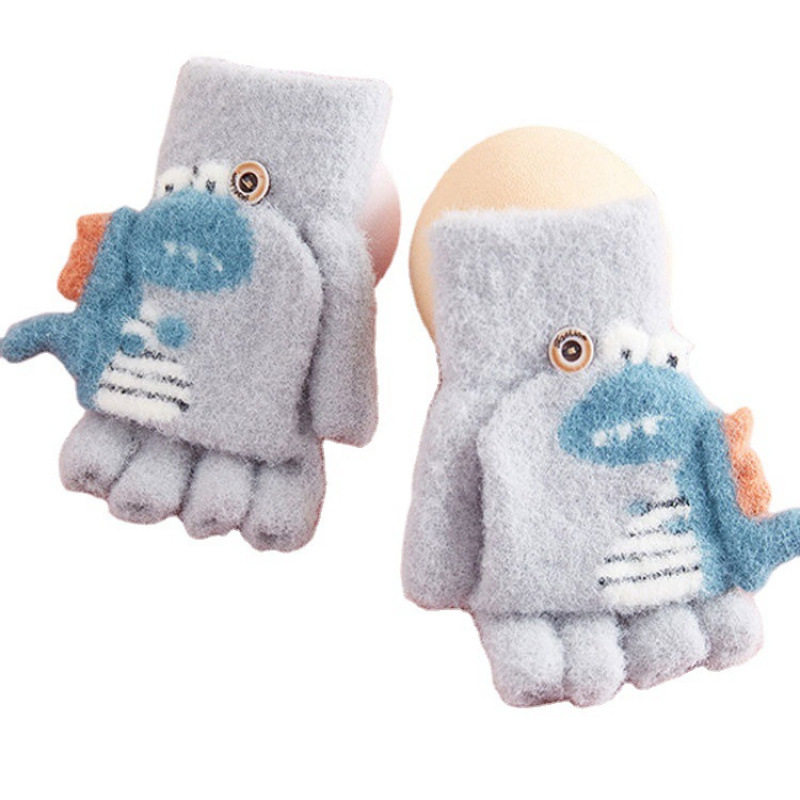 儿童保暖手套冬 卡通可爱蓝色恐龙小学生翻盖针织半指手套L1,淘宝优惠券,粉丝福利购,淘宝优惠卷