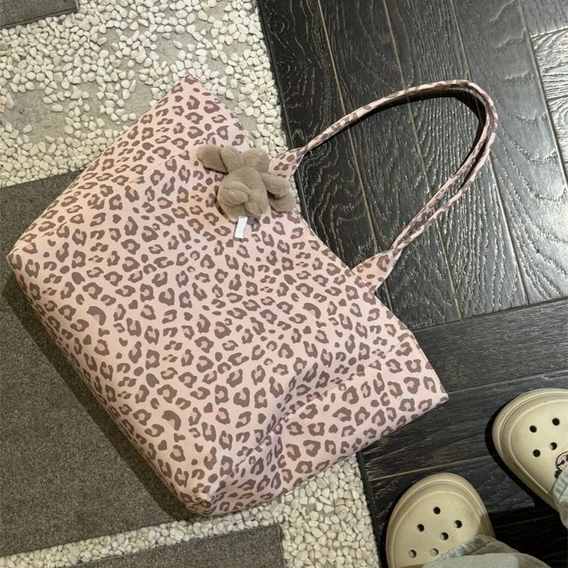 粉色豹纹帆布单肩包2025新款大容量通勤百搭时尚托特包手提购物,淘宝优惠券,粉丝福利购,淘宝优惠卷