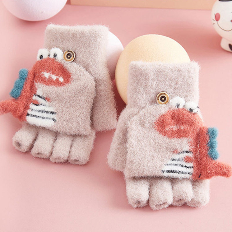 儿童保暖手套冬 卡通可爱蓝色恐龙小学生翻盖针织半指手套L1,淘宝优惠券,粉丝福利购,淘宝优惠卷