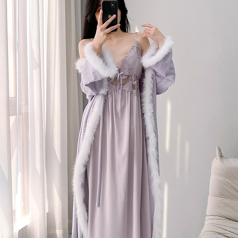 直播爆款海岛绒睡衣女款秋冬季性感轻奢毛毛吊带长款睡裙睡袍套装,淘宝优惠券,粉丝福利购,淘宝优惠卷