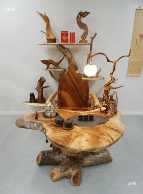 根雕茶台树根两用原木原生异形树桩一体根雕茶台家用桌椅泡茶