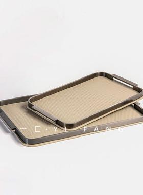 一匚现代轻奢样板间金属皮革托盘摆件售楼部客厅餐厅书房桌面摆件