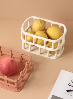 莫兰迪树脂镂空果篮客厅茶几创意家居装饰品酒店民宿收纳摆件