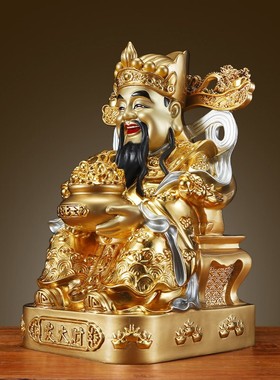 财神爷家用客厅贴金像纯黄铜招财聚财摆件彩绘家用供奉复古佛像