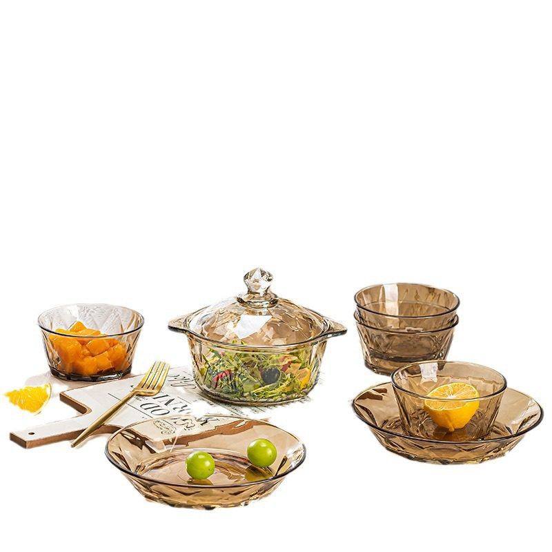 【可美瑞特】山水之间北欧钻石棱格茶色煲玻璃碗盘7件套,淘宝优惠券,粉丝福利购,淘宝优惠卷