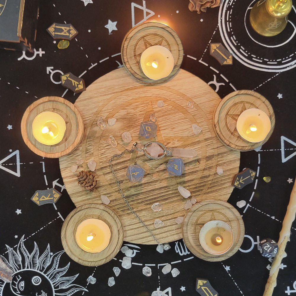 2-in-1 Pentagram five-pointed star wooden candle holder tray DIY candle holder ornaments Tarot peripheral supplies