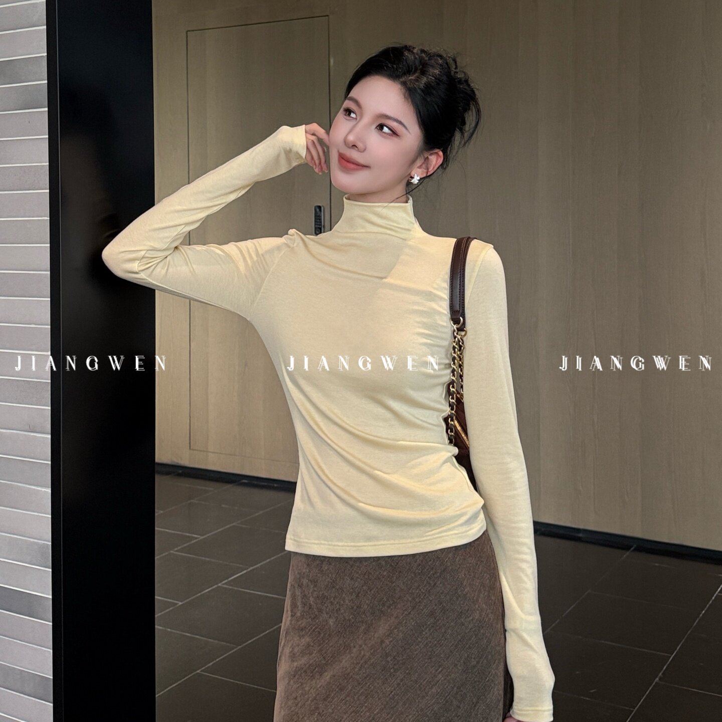 姜雯 极简百搭半高领天丝羊毛打底衫女秋冬纯色柔软轻肤修身T恤