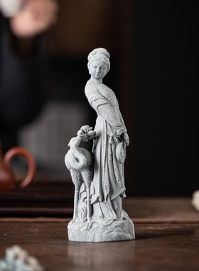 中式神话人物嫦娥茶宠摆件青砂石创意麻姑献寿鱼缸造景桌面装饰品