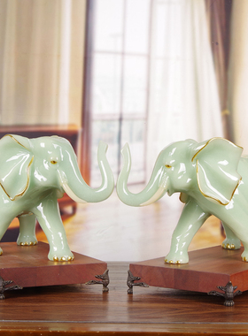 招财大象摆饰一对乔迁礼品玉石工艺礼品摆饰办公室桌客厅酒柜家居