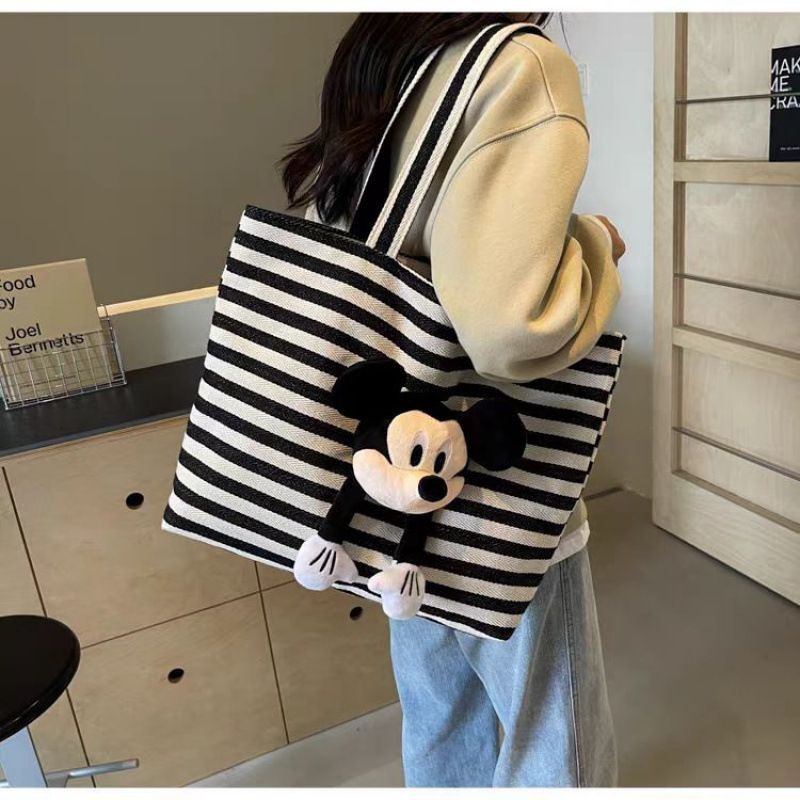 女包2025新款超火百搭帆布包大容量条纹通勤托特包单肩包 - 图3