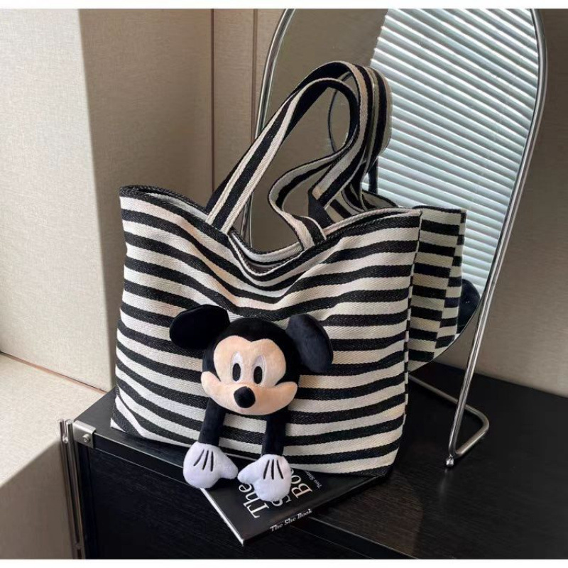 女包2025新款超火百搭帆布包大容量条纹通勤托特包单肩包 - 图0