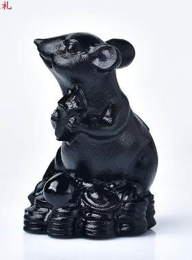玉石老鼠肖鼠黑曜石色吉祥物客家居厅12生肖鼠玉摆雕件桌生042521