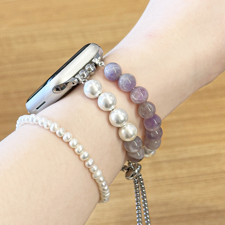 适用华为watchfit4表带Fit3小香风珍珠紫色水晶串珠腕带iWatchS10/9/8/7/6/5代se高级9Pro珍珠红米watch5表带 - 图2