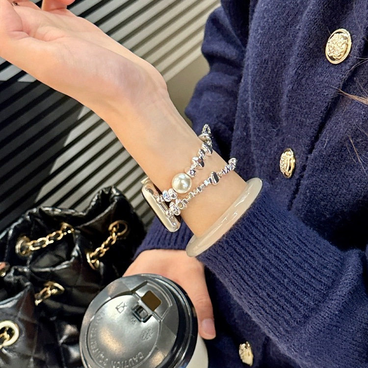 适用华为fit4表带ins白珍珠碎银子伸缩表链小香风iwatchS10/9/8/7/6/5代se2高级41mm女45mm小米手环89Pro腕带,淘宝优惠券,粉丝福利购,淘宝优惠卷