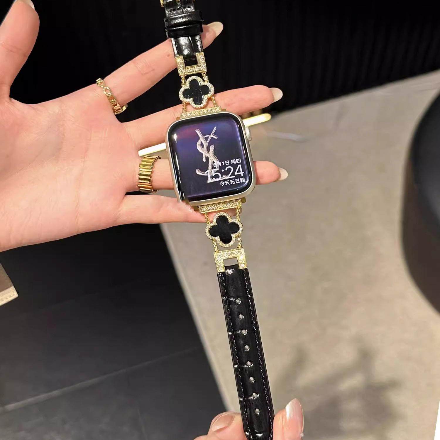 适用华为fit3表带小香风镶钻四叶草真皮表链watchFit2高级女iwatchS10/9/8/7/6/5代se秋冬45mm头层皮41mm腕带,淘宝优惠券,粉丝福利购,淘宝优惠卷