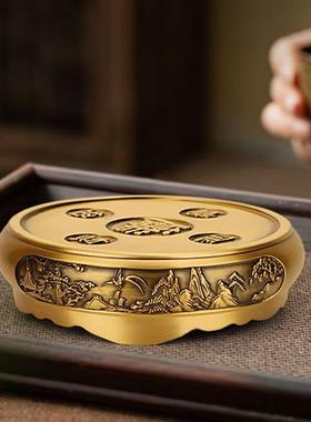 黄铜铜缸山水底座摆件招财进宝款摆放聚宝盆香炉金属座架复古怀旧