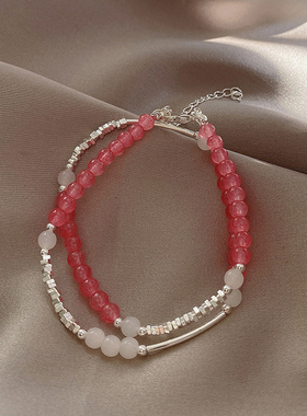 极速双层叠戴式粉水晶串珠s手链女2023年新款爆款网红轻奢碎银手