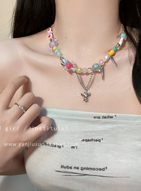 极速私藏!敲适合夏天滴彩虹糖果项链女I小众配饰网红甜酷辣妹锁骨