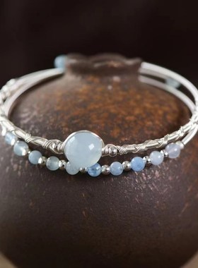 速发天然海蓝宝双圈手镯手环手链手饰复古时尚女款礼物简约轻奢