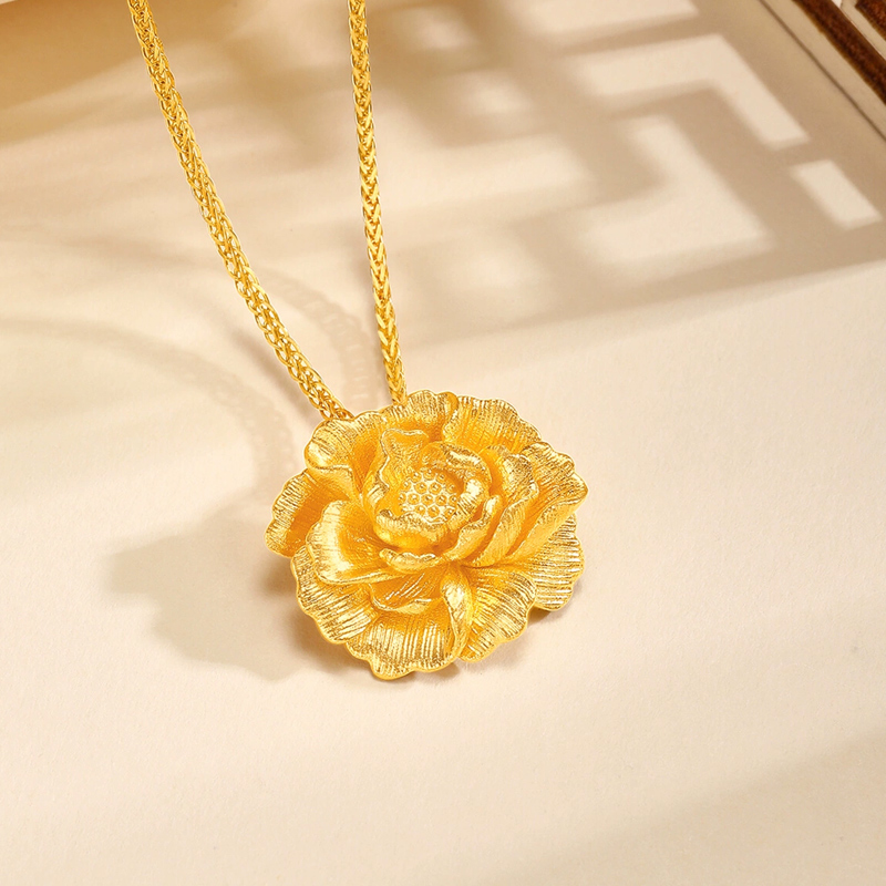 蒂蔻珠宝足金999牡丹花黄金吊坠国风牡丹古法金项链生日礼物 - 图2