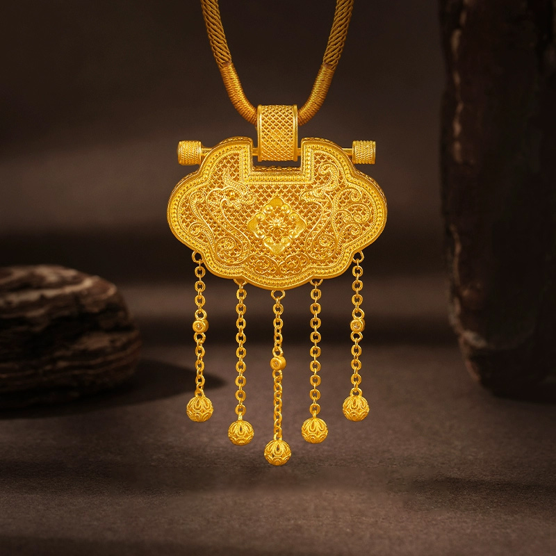 蒂蔻珠宝足金999天子门生黄金吊坠平安锁包古法金项链生日礼物 - 图2