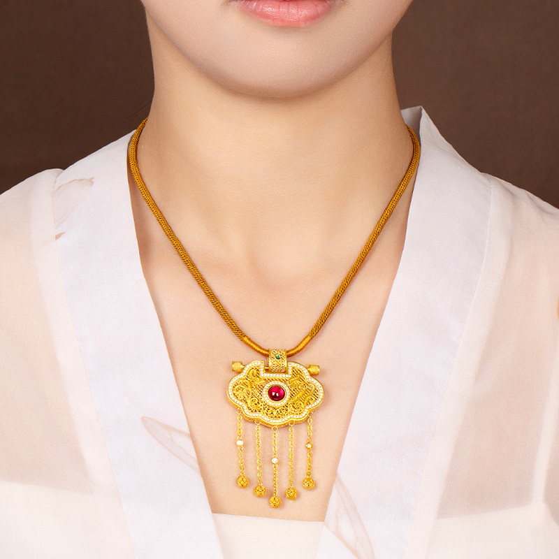 蒂蔻珠宝足金999天子门生黄金吊坠平安锁包古法金项链生日礼物 - 图1