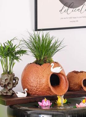 古法养鱼水缸生态循环流水摆件开口陶罐喷泉增氧过滤造景装饰配件