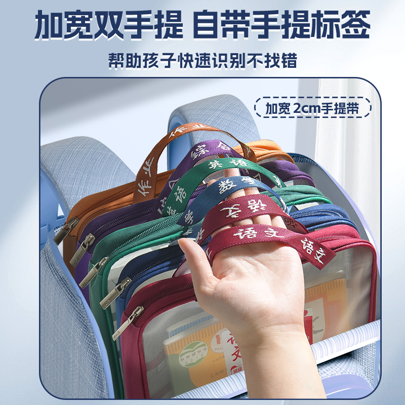 L型学科科目分类袋加厚加宽大口开小学生一年级书本课本分类科目袋初中生作业拉链式收纳袋大容量网纱手提袋 - 图3