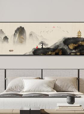新中式装画室卧床头挂画水墨山MER饰水画横中国风版民宿酒店房间