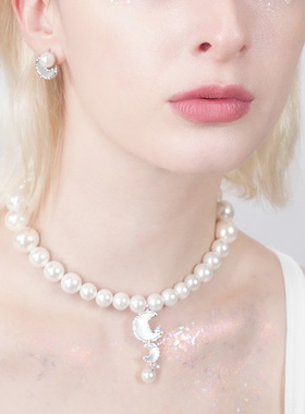 蔡文静同款双月亮吊坠珍珠项链