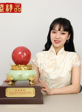 旋转水晶球聚宝盆摆件红色鸿运当头时来运转招财轻奢佛堂高端装饰