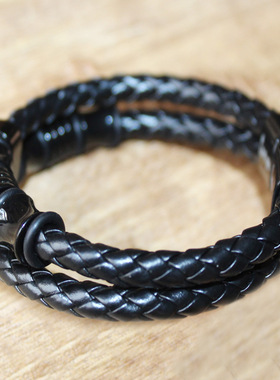 电商热销款黑色皮绳男士双层皮革编织手链手工多层皮手镯手环