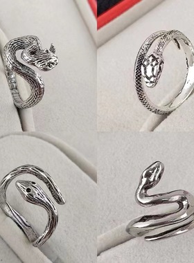 跨境货源欧美复古古银合金开口戒指夸张蛇形朋克戒指多款式可选
