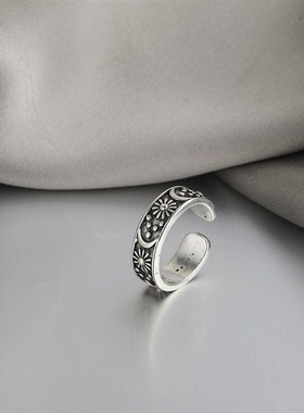 极速Vintage Ring做旧复古星星月亮开口关O节戒指暗黑冷淡风食指