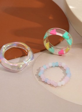 极速rings women 3pcs zset爱心串珠树脂戒指套装时尚气质女士关
