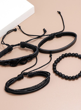 极速跨境爆款配饰多层编织t复古牛皮手錬简约diy组合黑色8字皮革