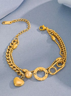 极速跨境2层爱心手錬欧美INS小众设H计镂空回纹针圆形钛钢手錬