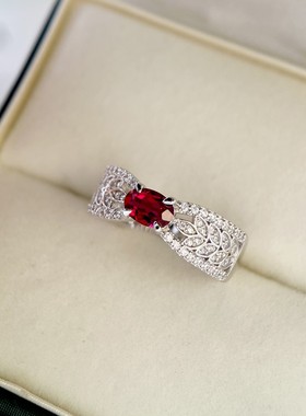 极速麦穗镂丝带浓郁鸽血红宝石戒指女小众设计轻S奢食指红刚玉纯