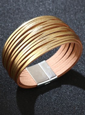 极速琦诺跨境e爆款时尚手镯PU皮革学生送礼物手饰多根金色银手錬